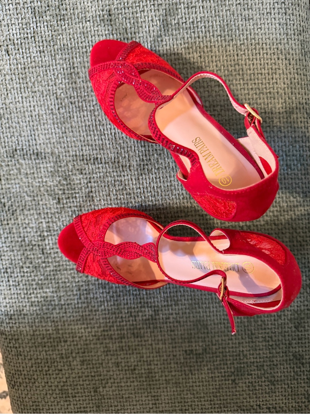 Dream Pairs Red Lace Rhinestone Platform Peep Toe Heels Size 10 - Picture 5 of 6